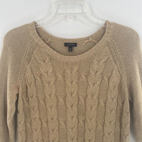 Talbots Womens Cable Knit Fisherman Sweater Linen Cotton Tan‎ 3/4 Sleeve Sz XS - Picture 2 of 10